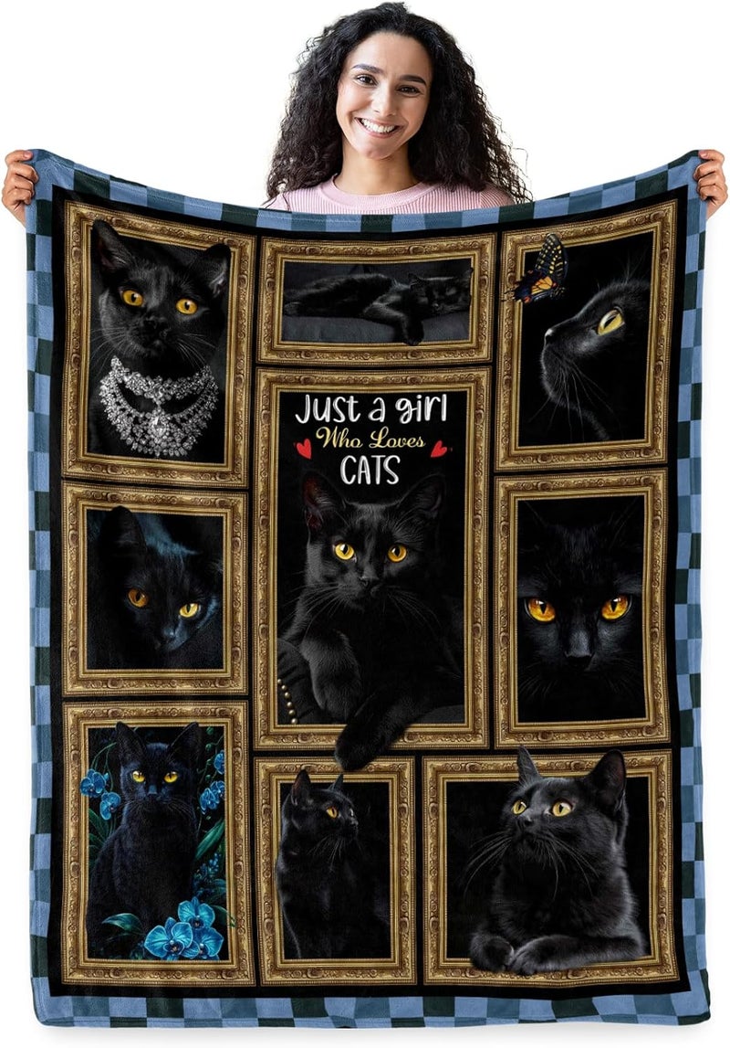 Levens Black Cat Blanket Gift for Girls Women, Just A Girl Who Loves Cats 50"x60" Soft Flannel Blankets for Cat Lovers Couch Sofa Bed, Kitty Black Cat Throw Blanket Birthday Gifts for Animal Lovers - Image 1